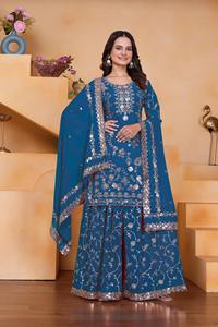 Ensemble Sharara indien pakistanais magnifique, en tissu Georgette, pour fêtes, mariages, occasions traditionnelles et tenues décontractées. - Product Image 5