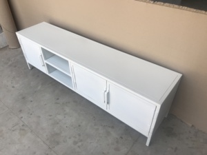 Modern White TV Stand with <b>Storage</b> Shelves and <b>Cabinet</b> Doors for Living <b>Room</b> Furniture Midcentury Design - Product Image 4