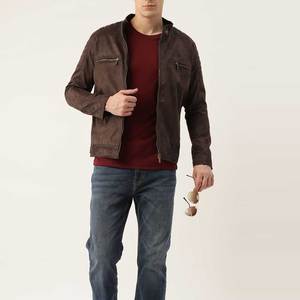 <b>Men's</b> Brown Suede Motorcycle <b>Jacket</b> Stand Collar Zipper Closure Regular Fit Moto Biker Style Autumn Wear - Product Image 4