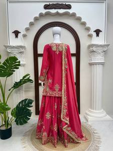 Women <b>Red</b> <b>Silk</b> Salwar Kameez With Gold Embroidery Traditional Indian Wedding Wear Floor-Length Regular Fit - Product Image 4