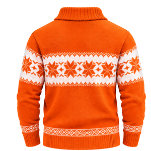 <b>Mens</b> Orange Fair Isle Knitted Sweater And <b>Shawl</b> Collar Three Button Placket Nordic Snowflake Pattern Long Sleeve Winter Pullover - Product Image 2
