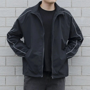 OEM Custom <b>Men</b> Customized Color Canvas Windbreaker Motorcycle <b>Jacket</b> Lightweight Full Zip Stand Collar Hooded <b>Reflective</b> Piping - Product Image 1