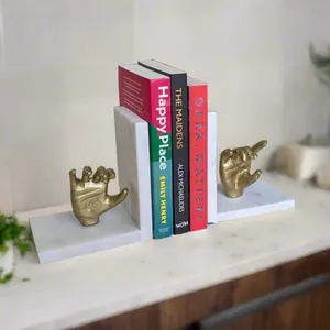 Luxury White Marble Art Deco Bookends with Gold Hand Sculptures Decorative Holder Home Office Bookshelf <b>Library</b> Display - Product Image 4