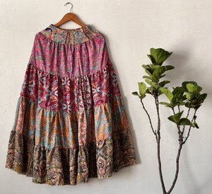 Women's Summer Bohemian Style Silk Maxi <b>Skirt</b> Flowy <b>Patchwork</b> Tiered Layer Casual Comfortable High Waist - Product Image 5