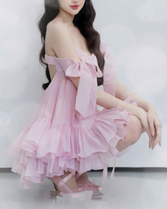 Robe mini en mousseline avec détail nœud, sans manches, coupe trapèze, écologique, vintage, décontractée d'été, rose et blanc - Product Image 6