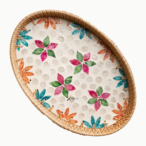 Bandeja ovalada de ratán hecha a mano con incrustaciones florales de nácar, bandeja elegante y duradera para hotel, decoración del hogar, servicio de comida. - Product Image 3