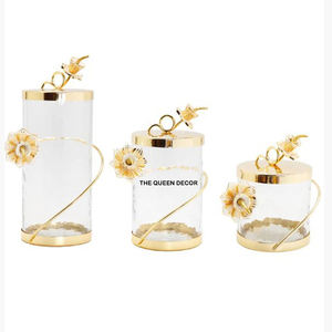 Conteneur avec couvercle en verre doré, ustensiles de cuisine pour le rangement, lot de 2 boîtes en métal en forme d'ananas, sucre, thé et épices - Product Image 5