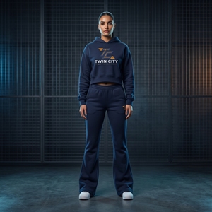 Ensemble de survêtement décontracté 2 pièces Twin City pour femme, sweat-shirt court à capuche bleu marine et pantalon de jogging, manches longues, en molleton, coupe ample, toutes saisons - Product Image 1
