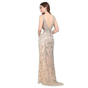 Glamorous Nude Beige Thigh Slit <b>Prom</b> Gown - Luxury <b>Silver</b> Beads Sleeveless Cutout Mermaid Evening <b>Dress</b> - High-End Cocktail Part - Product Image 2