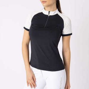 Camisa de equitación azul marino para mujer, manga corta, transpirable, con cremallera, tejido sólido de spandex y poliéster - Product Image 4