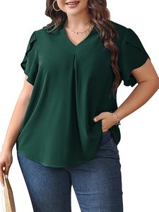 Camiseta de Verano para Mujer, Talla Grande, Cuello en V, Manga Corta, Algodón Sólido, Transpirable, Estilo Túnica, Corte Regular Informal - Product Image 3