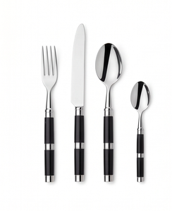 Ensemble de couverts élégants en acier inoxydable avec poignées noires, finition miroir haute brillance, passe au lave-vaisselle, idéal pour la vaisselle de mariage - Product Image 1