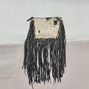 Bohemian Genuine <b>Leather</b> Shoulder Bag With Black Fringe And Animal Print Pattern Single Strap Zipper Closure - Product Image 3