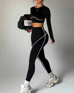Seamless 2 Piece Gym Outfits Women Contrast Piping Long Sleeve Crop Top with High Waisted Lift <b>Workout</b> Leggings Activewear Set - Product Image 1