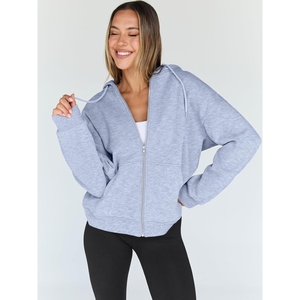 Sweat-shirt à capuche bleu oversize pour femme, coupe décontractée, fermeture éclair, manches longues, avec poche kangourou, pour le streetwear - Product Image 1