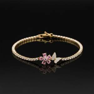 Pulsera de tenis con mariposa y flor de moissanita rosa, chapada en oro de 18K sobre plata de ley, dije de moda para mujer, regalo para fiesta - Product Image 1