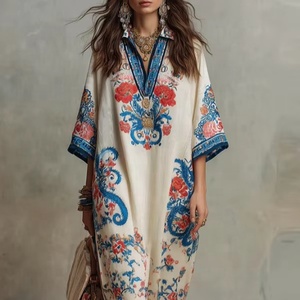 Bohemian Floral Print V-Neck <b>Kaftan</b> Maxi Dress for Women Resort Wear Flowy Cotton Blend <b>Beach</b> Cover-Up Casual Wear Gown - Product Image 1