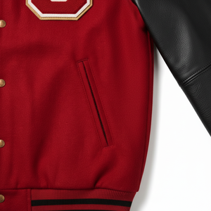 Veste universitaire rouge pour homme avec manches en cuir, numéro 28 brodé et motifs de patchs, tenue décontractée pour l'automne - Product Image 5
