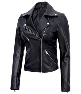 Chaqueta de Cuero Genuino para Motociclista con Cuello Solapa, Cremallera Asimétrica, Negra, Ajustada, Estilo Casual Urbano, Venta al por Mayor - Product Image 1