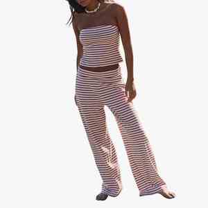 Ensemble rayé 2 couleurs pour femme : haut bustier et pantalon large – Tenue décontractée de haute qualité - Product Image 1