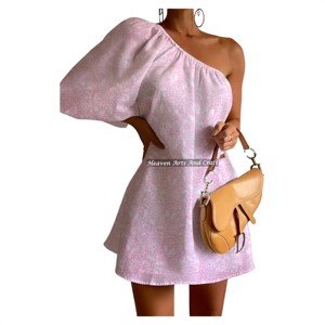 Vestido Casual de Verano 2026 Nuevo con Estampado de Algodón de Color, Hombro Descubierto, Manga Abullonada y Cintura Imperio, Largo hasta la Rodilla, ¡Venta Caliente! - Product Image 1