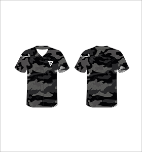 เสื้อเบสบอลผู้ชายแบบสั่งทำ สีดำลายพราง พิมพ์ลายแบบซับลิเมชั่น คอวี แขนสั้น ระบายอากาศได้ดี ผลิตจากโพลีเอสเตอร์ ทรงปกติ - Product Image 4