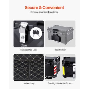 Top case de moto universel en alliage d'aluminium 65L, imperméable, détachable, noir, avec doublure en cuir, verrouillage, coussin arrière, compatible avec les motos - Product Image 6