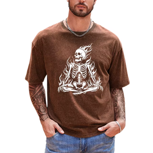 Men's Brown Cotton T-<b>Shirt</b> With Skeleton Meditation <b>Flame</b> Print Casual Short Sleeve Summer - Product Image 1