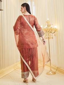 Conjunto de Sherwani de Seda Satinada Tejida, Holgado y Sólido, para Mujer, con Bordado Punjabi, Dupatta y Pantalón Palazzo, para Bodas y Banquetes - Product Image 3