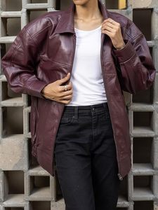 Chaqueta Bomber de Cuero Genuino Color Borgoña para Mujer, Manga Larga, Cuello Camisero, Cierre de Cremallera, Estilo Casual Otoñal - Product Image 4