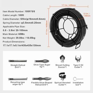 Cavo Professionale per Pulizia Scarichi da 30 Metri x 1,6 cm con 7 Tagliacavi, per Tubi da 2,0 cm e 9,9 cm, Cavo Sezionale a Sezione Cava per la Pulizia di Tubature - Product Image 4