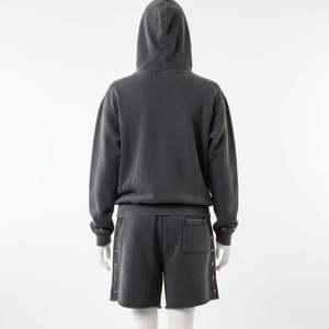 Ensemble de survêtement unisexe noir à capuche, coupe ample, sweat-shirt et short en coton, couleur unie, décontracté, pour l'automne, manches longues, taille élastique - Product Image 2