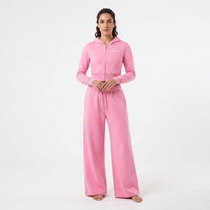 Women's <b>Pink</b> Fashion Cropped Zip Up Sweatshirt Matching Wide Leg Stacked Sweatpants Two Piece Set <b>Tracksuit</b> - Product Image 5