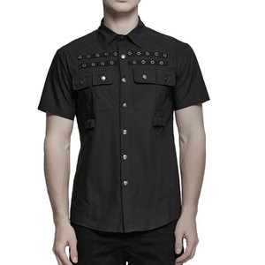 Gothic Punk Men's Short Sleeve Shirt <b>Metal</b> Eyelet Pocket Detailing Black Slim Fit Streetwear Cotton Shirts - Product Image 2