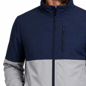 Chaqueta Softshell de Alta Calidad para Hombre en Azul Marino y Gris Claro con Bloques de Color, Cuello Alto, Cierre de Cremallera Frontal, Resistente al Viento, Informal para Uso en Exteriores - Product Image 3