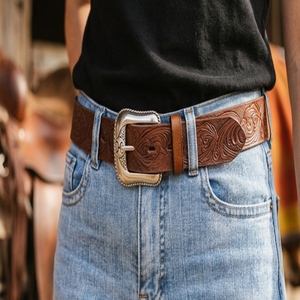 Hot Style Men's Western Leather <b>Tooling</b> <b>Belt</b> with Floral Hand Carving and Designer Antique Silver Brass Pin Buckle Unisex <b>Belts</b> - Product Image 6