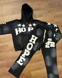 Hip Hop Hooded Tracksuit Set <b>Zip</b> <b>up</b> <b>Hoodie</b> Sweatpants <b>Black</b> Gray Graffiti Letter Print Two Piece Autumn Front - Product Image 4