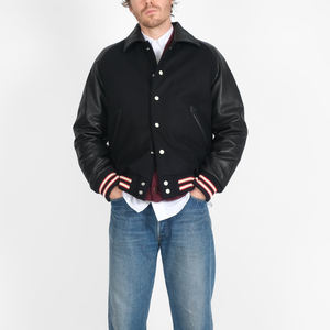 Chaqueta Varsity Negra de Poliéster y Algodón para Hombre, Estilo Bomber Clásico, con Rayas, Puños y Cremallera Frontal - Product Image 1