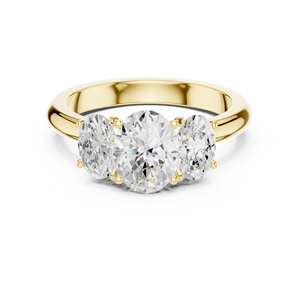 Bague de fiançailles de luxe en or jaune avec trois diamants taille ovale et pierres latérales assorties, fabrication sur mesure de bijoux fins - Product Image 2