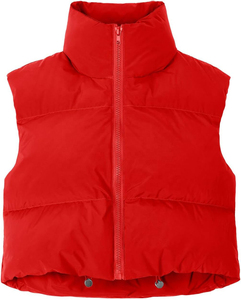 Chaleco acolchado rojo para mujer con cuello alto y cierre de cremallera, informal, sin mangas, de color liso, corto, para exterior - Product Image 3