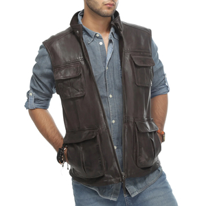 <b>Men's</b> Dark Brown Leather <b>Vest</b> Turn-down Collar Zipper Closure Solid Color Breathable Workwear Style Winter Outer Wear Regular - Product Image 2