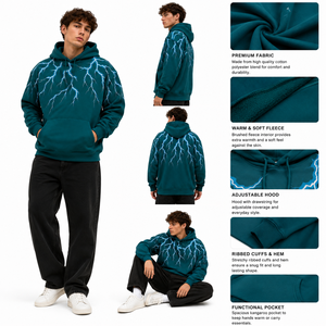เสื้อฮู้ดโอเวอร์ไซส์สีเขียวอมฟ้าลายกราฟิกแบบกำหนดเอง คุณภาพสูง ทรงไหล่ตก สไตล์ลำลองสำหรับผู้ชาย แฟชั่นสตรีทแวร์ รับผลิตตามสั่ง ขายส่งจำนวนมาก - Product Image 4