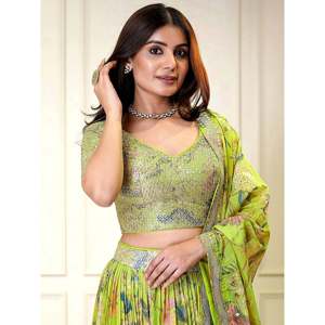 Neon Green Printed Organza Plus Size Bridesmaid Lehenga Choli with <b>Feather</b> Detail - Product Image 5