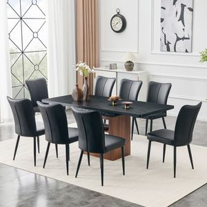 Tavolo da Pranzo Espandibile 59-71 Pollici con Funzione Estraibile Abbinato a 8 Sedie Nere in PU Design a Righe Verticali Set Sala da Pranzo - Product Image 1