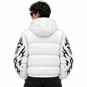 Custom Men's White Y2K Graphic Puffer <b>Jacket</b> Rhinestone Tribal Flame Design Glossy Padded Winter Outerwear Front <b>Gothic</b> - Product Image 5