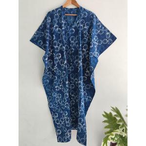 Vestido Kaftán de Algodón con Estampado Floral Azul, Cuello en V, Estilo Bohemio, Holgado, Informal, para Vacaciones de Verano - Product Image 4