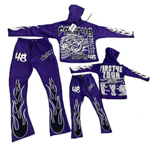 Ensemble de survêtement à capuche First48, manches longues, imprimé flamme, streetwear unisexe pour adultes, vêtements décontractés d'automne, 100% coton, fermeture à cordon - Product Image 4