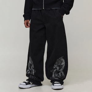 Jean noir à jambe large avec broderie dragon, style streetwear décontracté et ample, pantalon en denim avec cordon de serrage à la taille, effet délavé, pour homme - Product Image 1