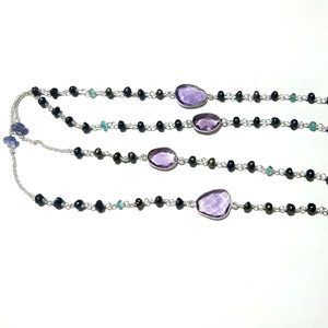 Collier en argent sterling 925 fait main avec améthyste naturelle, perle noire et kyanite, long, multi-pierres, idéal pour les fêtes et comme cadeau - Product Image 4
