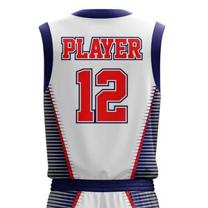 Ensemble Maillot et Short de Basketball à Panneaux Latéraux Rayés, Sublimation Intégrale, Blanc Rouge Bleu, Personnalisable avec Logo, Tenue d'Entraînement - Product Image 5